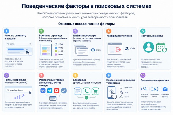 Какие основные поведенческие факторы учитывают поисковые системы?